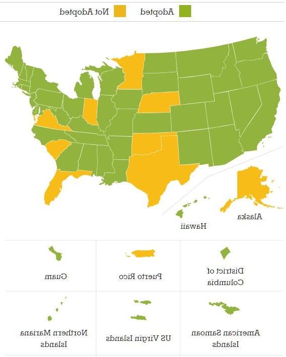 共同核心州标准采用-美国地图，显示哪些州已经或尚未采用共同核心州标准. 华盛顿 state has adopted 共同核心 State 标准.